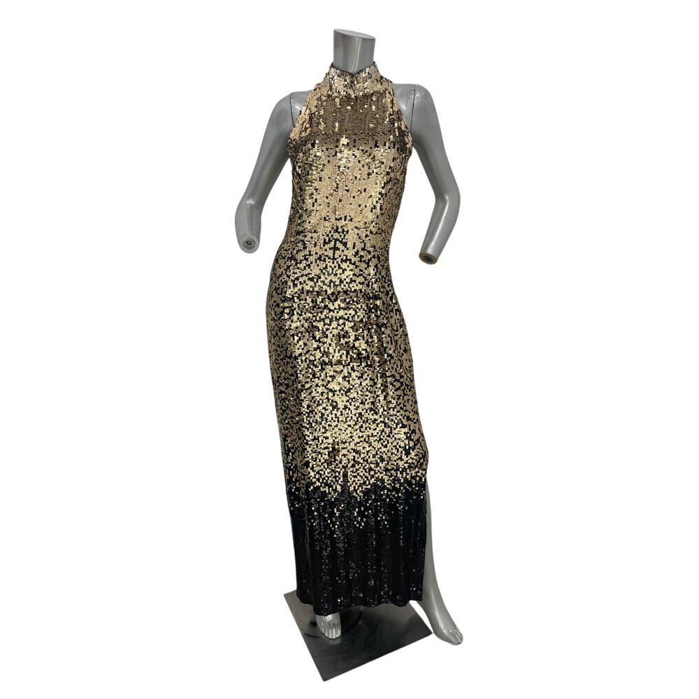 Oleg Cassini Black-Tie 1980s Gold Black Sequin Gown Cocktail Maxi Dress Size 10